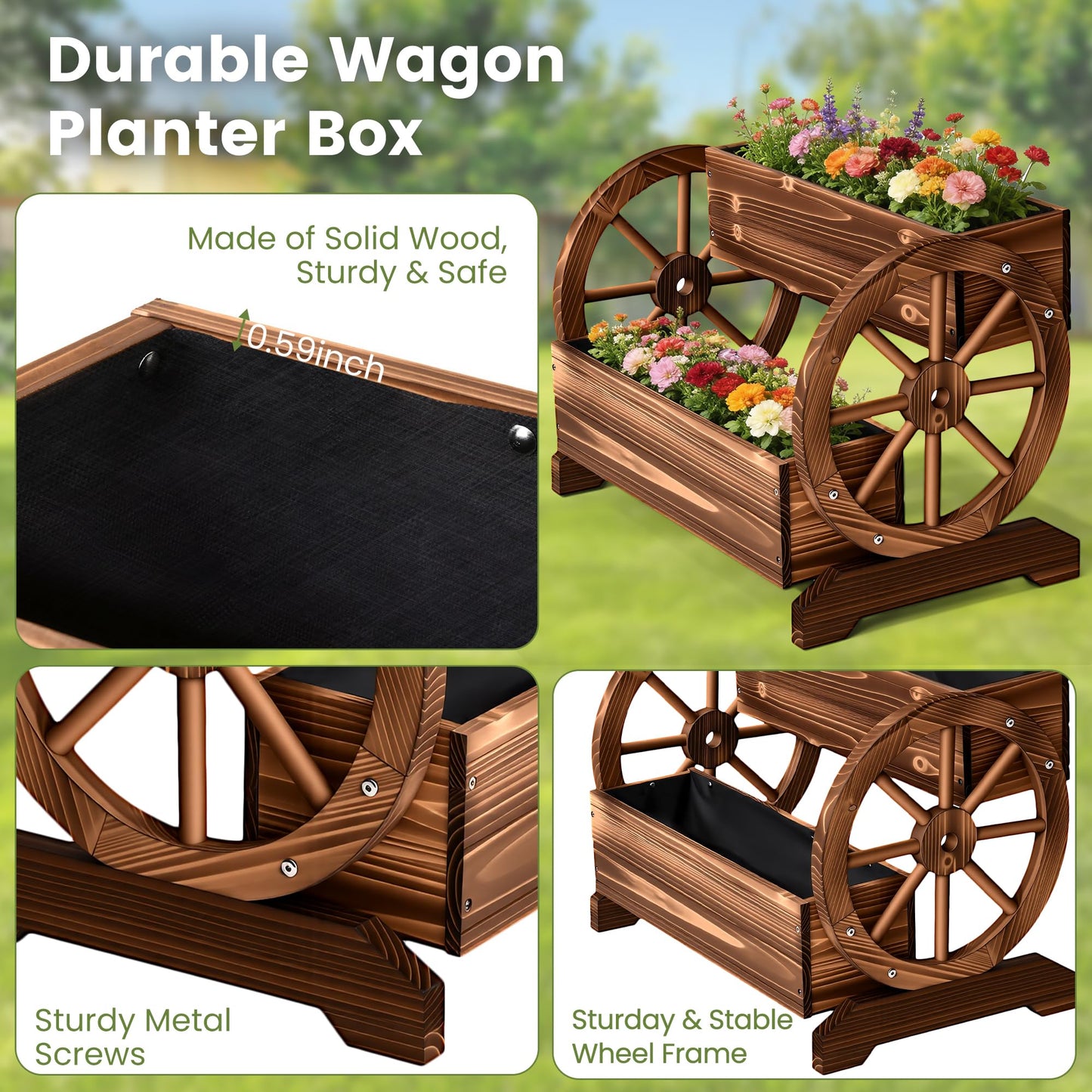 Ultym Wooden Wagon Planter Box, Extra Large 2-Tier Decorative Flower Cart with Wheels, Rustic Wood Planter with Drainage Holes & Non-Woven Liner, Raised Garden Bed for Flowers Herbs Vegetables