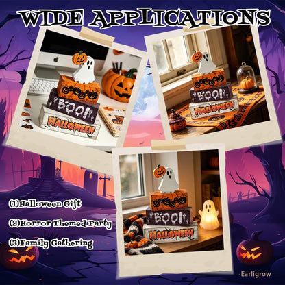 4 Pcs Halloween Decor Wooden Ghost Pumpkin Tiered Tray Decorations Rustic Farmhouse Tabletop Centerpiece Boo Wood Block Sign for Home Kitchen Shelf Mantel Office Desk