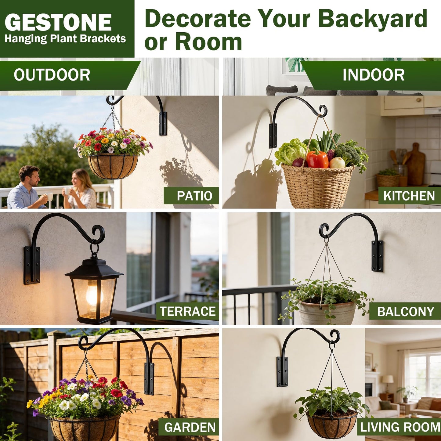GESTONE 16 Inch 2 Pack Plant Hangers Outdoor,Plant Hanging Hook Bracket for Bird Feeder Hanger,Hanging Plant Hooks for Outside Baskets Lanterns Wind Chimes Outdoor Indoor