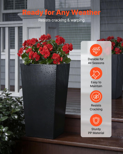 VEVOR 26 Inch Tall Planter Set of 2, Outdoor Large Tall Planters for Outdoor Indoor Plants, Tapered Black Planter for Front Porch, Patio, Garden, Plant Container Flower Pots with Built-in Drainage