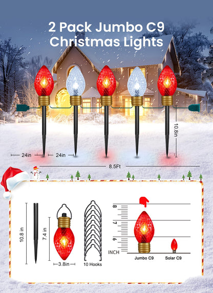 Minetom Jumbo C9 Christmas Pathway Lights - 2 Pack, 10.5 Feet, Multicolor C7 Bulbs, Red & Cool White