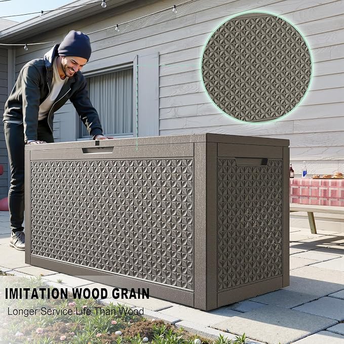 ROJIK Outdoor Storage Housing Deck Box - Waterproof Patio Furniture, Garden Tools, Cushions, Pool Accessories Storage Bench with Lockable Lid and Side Handles (Grey,125 Gal)