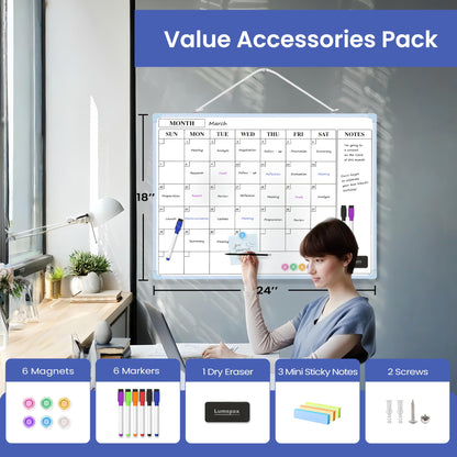 Lumspax Monthly Whiteboard Calendar for Wall, 24" x 18" Dry Erase Board with Plastic Frame, Hanging Dry Erase Calendar with 3 Mini Sticky Notes for Kitchen Planner, Memo, Home and Office, Blue