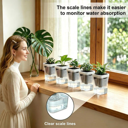 9 Pack 2.5" Mini Self Watering Pots for Indoor Plants, Small Clear Plastic Planter with Drainage and Water Level,for African Violet,Succulents,Propagation,Seed Starter with Labels,Repotting Mat, Tools