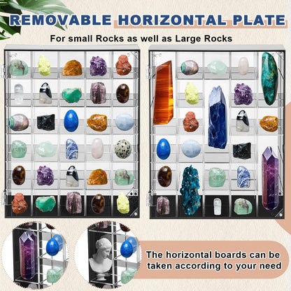 Cinnvoice Rock Display Case Adjustable 30 Grids Acrylic Display Case with Mirrored Crystal Organizer for Collectible, Crystal, Stones, Wall Mountable, Magnetic Door (Black Border, Square)