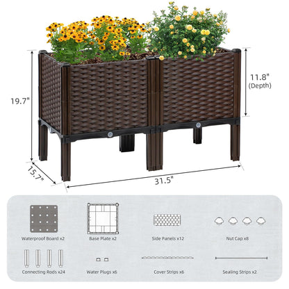 Rattan Raised Garden Bed with Legs-Rectangular Elevated Deep Planters for Outdoor Plants, Self Watering Planter Box 32"L x 16"W x 20"H, Rectangular Deep Garden Bed for Vegetables, Flowers, Herbs