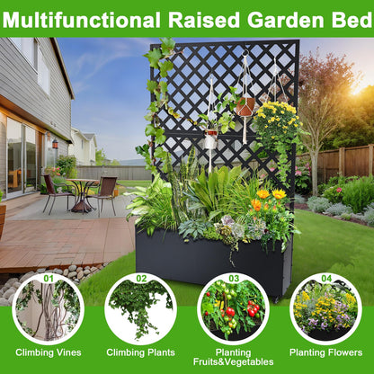 Metal Raised Garden Bed with Trellis & Wheels, 72.83"x46.46"x11.81" Galvanized Metal Planter Box with Drainage Holes & Privacy Screen for Patio Balcony Climbing Plants Flowers Vegetable, Black