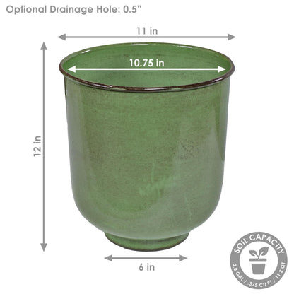 Sunnydaze Vivian 11" Metal Outdoor Plant Pot Set with Drainage Holes and Rubber Plugs - Jade Glaze - Set of 2
