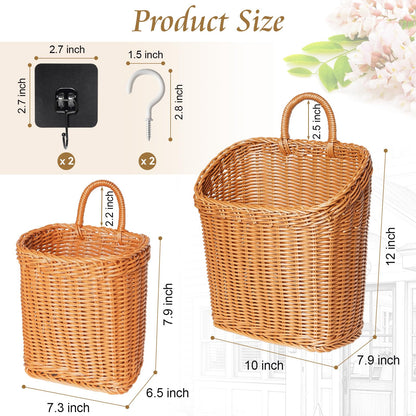 MIPON 2 Pack Handmade Woven Hanging Wicker Basket, Waterproof Plastic Rattan Wall Mounted Organizer, Small & Large Storage Baskets for Bathroom, Kitchen,Entryway,Farmhouse Decor,Flower,Mail, Plant