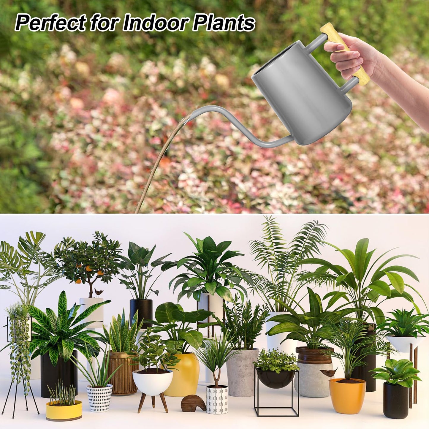 Watering Can Indoor Plants, 35 oz/1000 ml Metal Stainless Steel Watering Can Pot with Long Spout for Indoor House Plants Bonsai Outdoor Garden Flower Decorative (Gray)