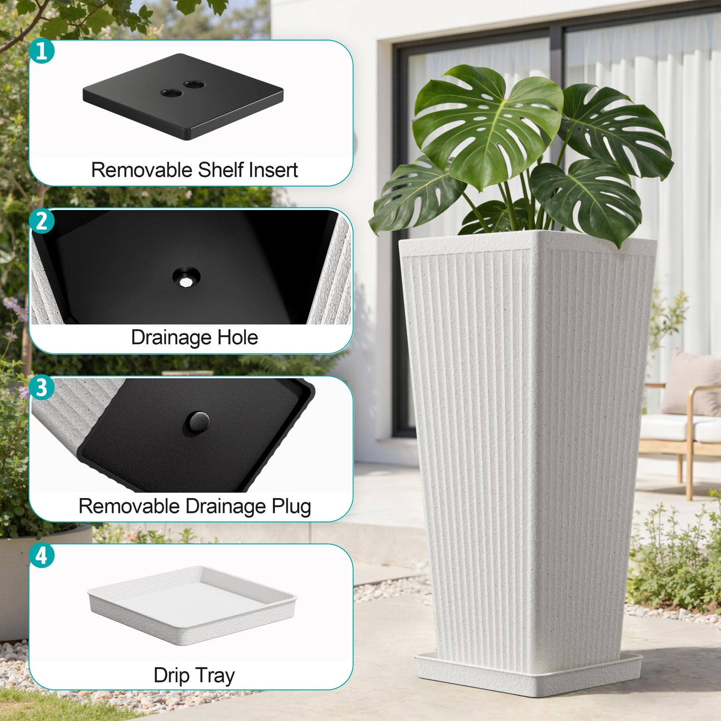 Diyfire Tapered Tall Planters for Outdoor Plants 2 Pack- 23.6 Inch Heavy-Duty Classic Square Indoor Flower Pots with Drainage Holes/Partition/Tray, Large Outdoor Planters for Porch Patio, White
