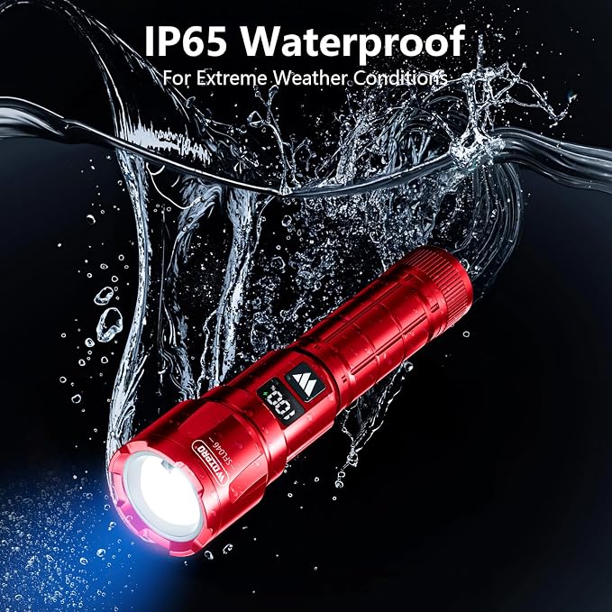 WdtPro LED Rechargeable Flashlight 2 Pack, 3 Modes Super Bright High Lumens Flashlights, Zoomable Tactical Flash Light with LCD Display, IP65 Waterproof Flashlights for Home Emergency Camping - Red