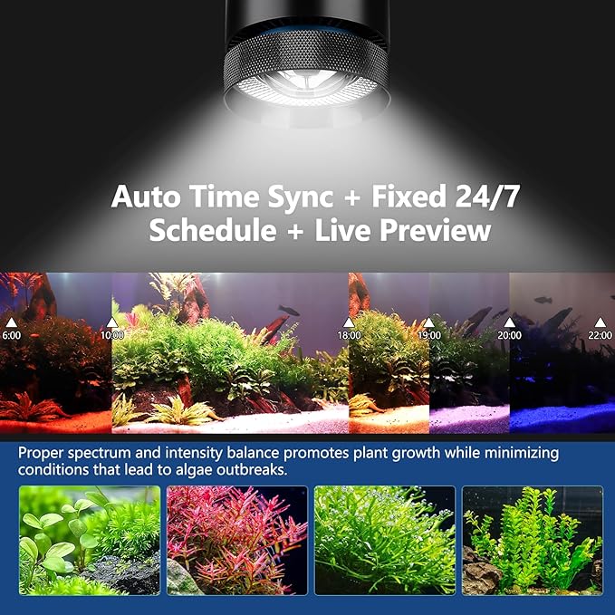 fishkeeper Aquarium Clip-On Stream Light with Auto Time Sync & 24/7, Full Spectrum LED Fish Tank Lights with 9 Colors, Set Any Timer & 1-100% Dimming, Adjustable Clamp, for Freshwater Plants Tanks 60W