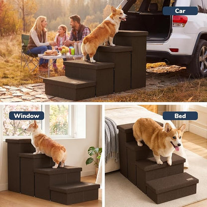 4-Step Wide Dog Stairs with Storage 23" H, Non-Slip Sturdy Pet Steps for High Bed Couch Window, Pet Stairs for Small/Medium/Large Old Dogs Cats Up to 220lbs, Cat Dog Steps for Car/SUV, Coffee