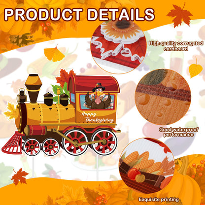 Weysat 4 Pcs Thanksgiving Yard Signs Train Outside Turkey Decoration Pumpkin Turkey Maple Gnome Thanksgiving Outside Decorations with 8 Pcs Plastic Stakes for Lawn Decor