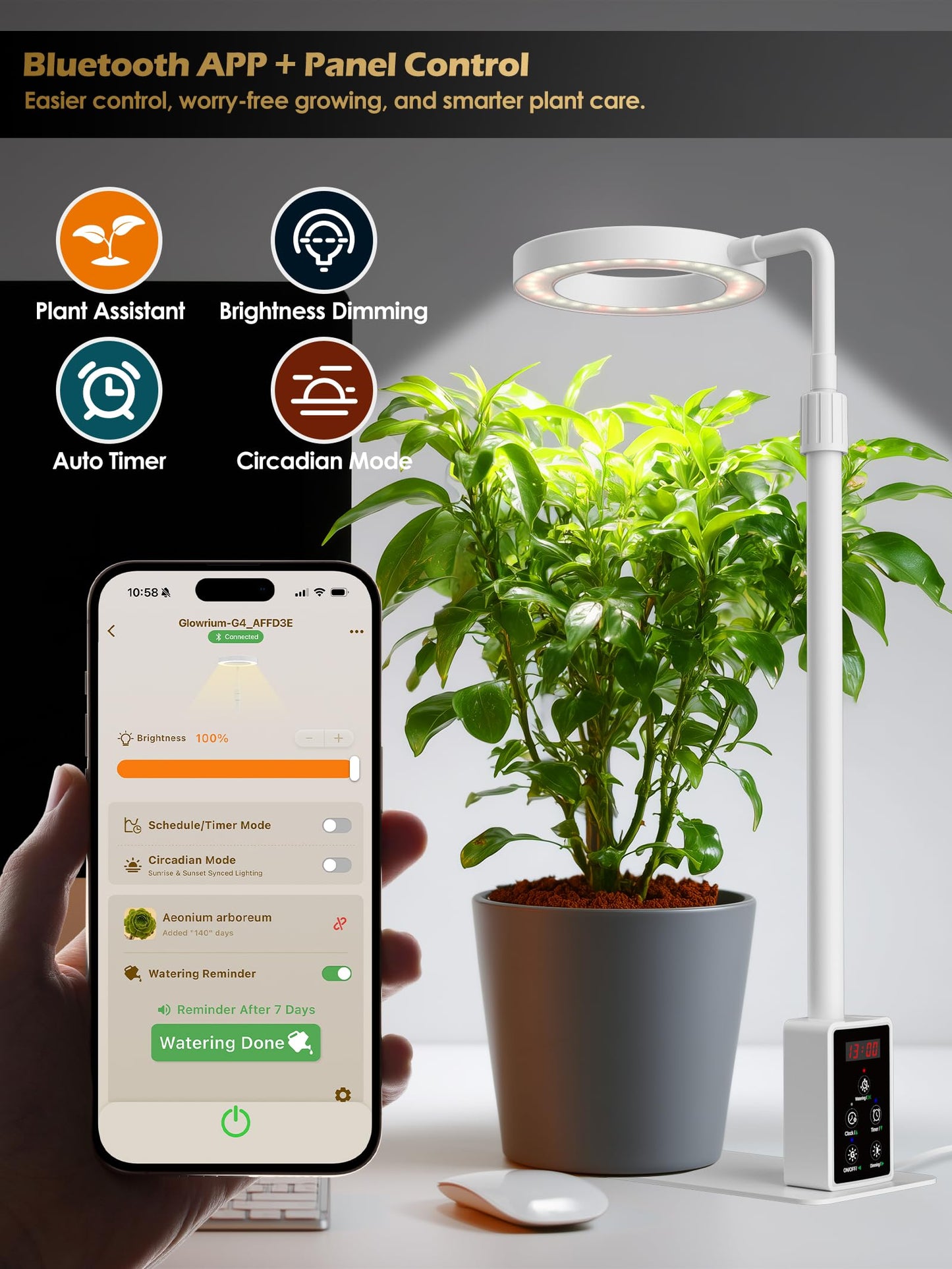 Smart Grow Lights for Indoor Plants, Plant Light with Auto-Timer, Full Spectrum LED Grow Light, Adjustable Height & Stepless Dimming,Plant Assistant Suitable for Most Plants (White-1)
