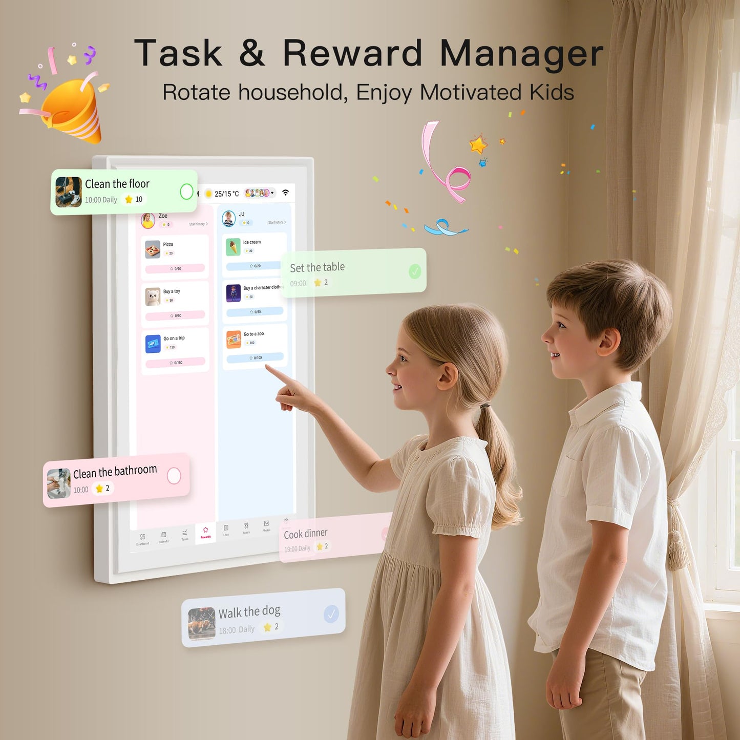 15.6 Inch Family Digital Calendar - Chore Chart, Meal Planner, Photo Display, FHD Interactive Touchscreen with LED Reminder, Wall & Desk Mount Smart Electronic Planner