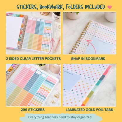 Undated Teacher Planner 8.5 x 11-12 Months & 52 Weeks | Colorful Bookshelves Cover | Monthly & Weekly Lesson Plan Book with Stickers, Storage Pocket & Snap-In Bookmark | Classroom Organizer