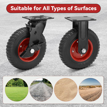 Nefish 8 Inch Heavy Duty Outdoor Casters 2200 LBS, Durable Large Casters Wheels Set of 4, Industrial Grade Rubber Castors with Knobby Tread for Trolley, Industrial and Chicken Coop (2 Brake & 2 Rigid)