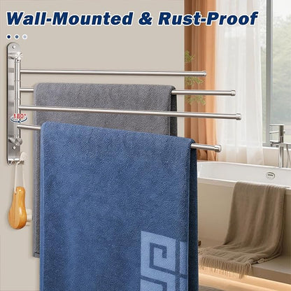 NearMoon Swivel Towel Rack, 19.5" Thicken 304 Stainless Steel 4-Arm Towel Bar, Space Saving Wall Mounted Towel Holder with Hook, Rustproof Swing Out Towel Hanger for Bathroom, Kitchen (Brushed Nickel)
