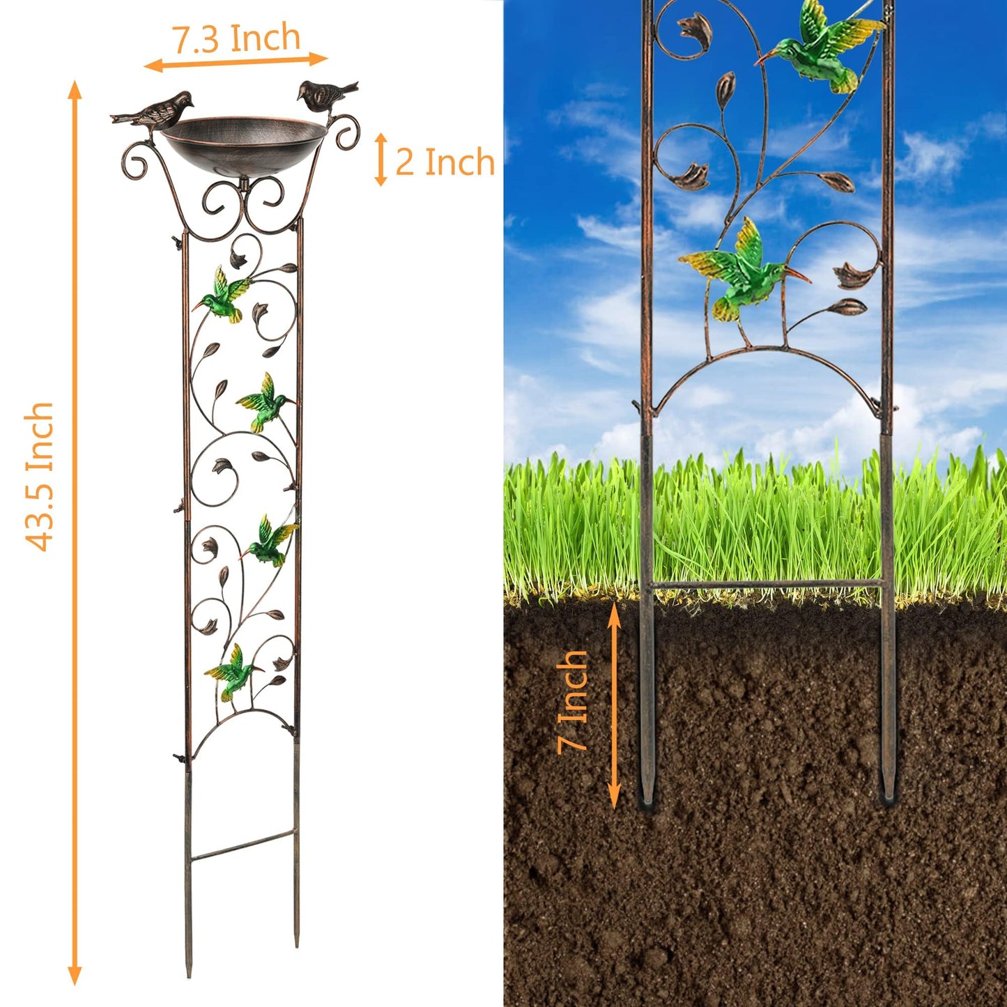 Garden Trellis Bird Bath Outdoor, 43.5 Inch Antique Iron Garden Plant Trellis Decorative with Hummingbirds and Detachable Drinking Basin Bowl, Free Standing BirdBath Birdfeeder Station