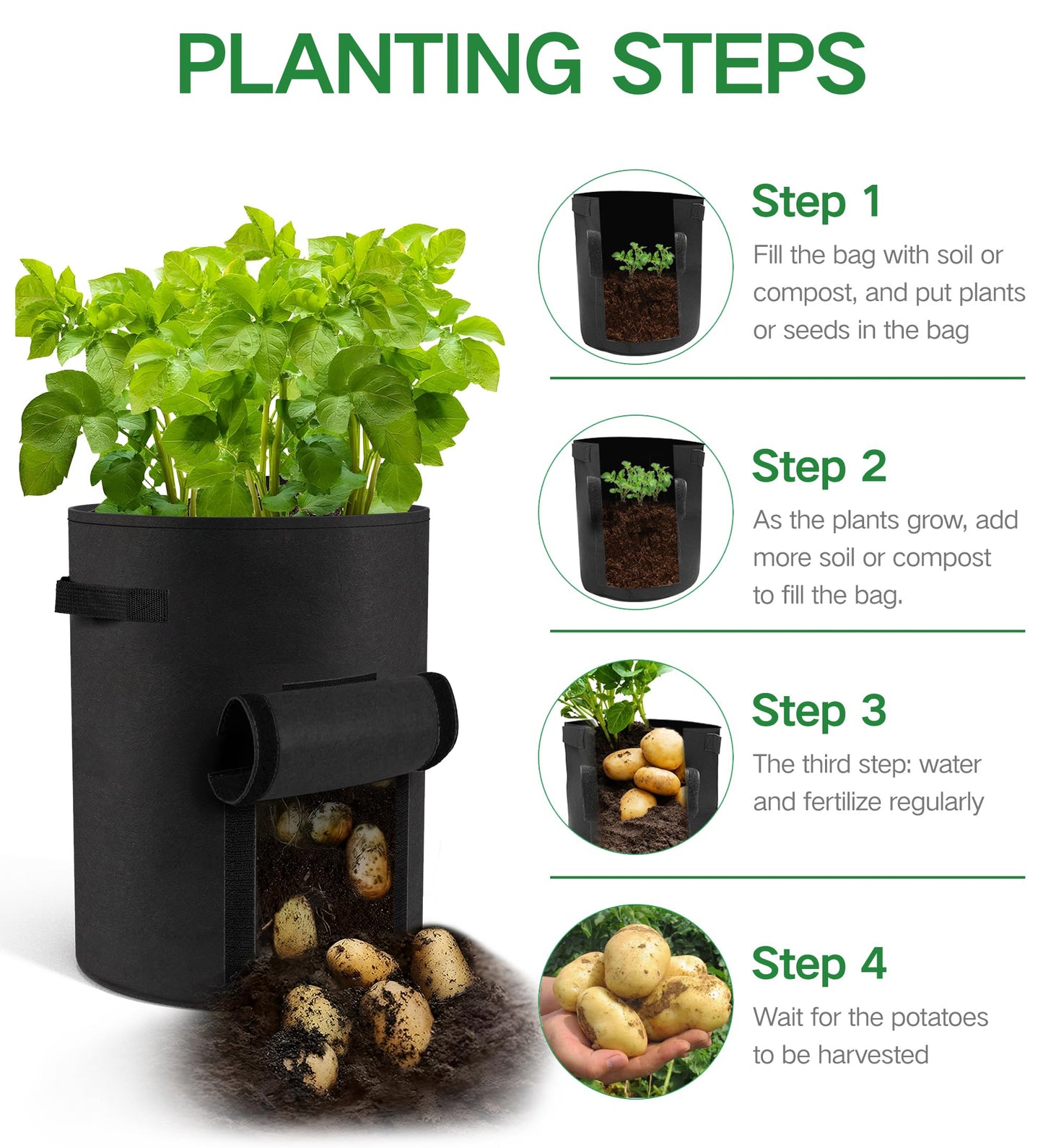 Moyios 6-Pack 10 Gallon Potato Grow Bags – Durable Nonwoven Fabric Planters with Reinforced Handles | Reusable Garden Containers for Potatoes, Vegetables (Black, 10 Gallons/6 Pack)
