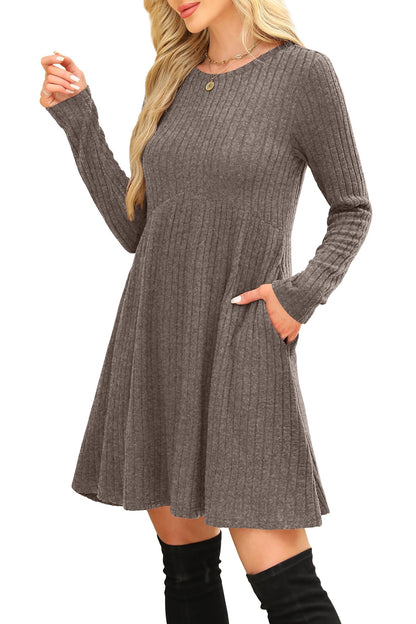 OFEEFAN Long Sleeve Dress for Women Crew Neck Empire Waist Tunic Dress with Pockets