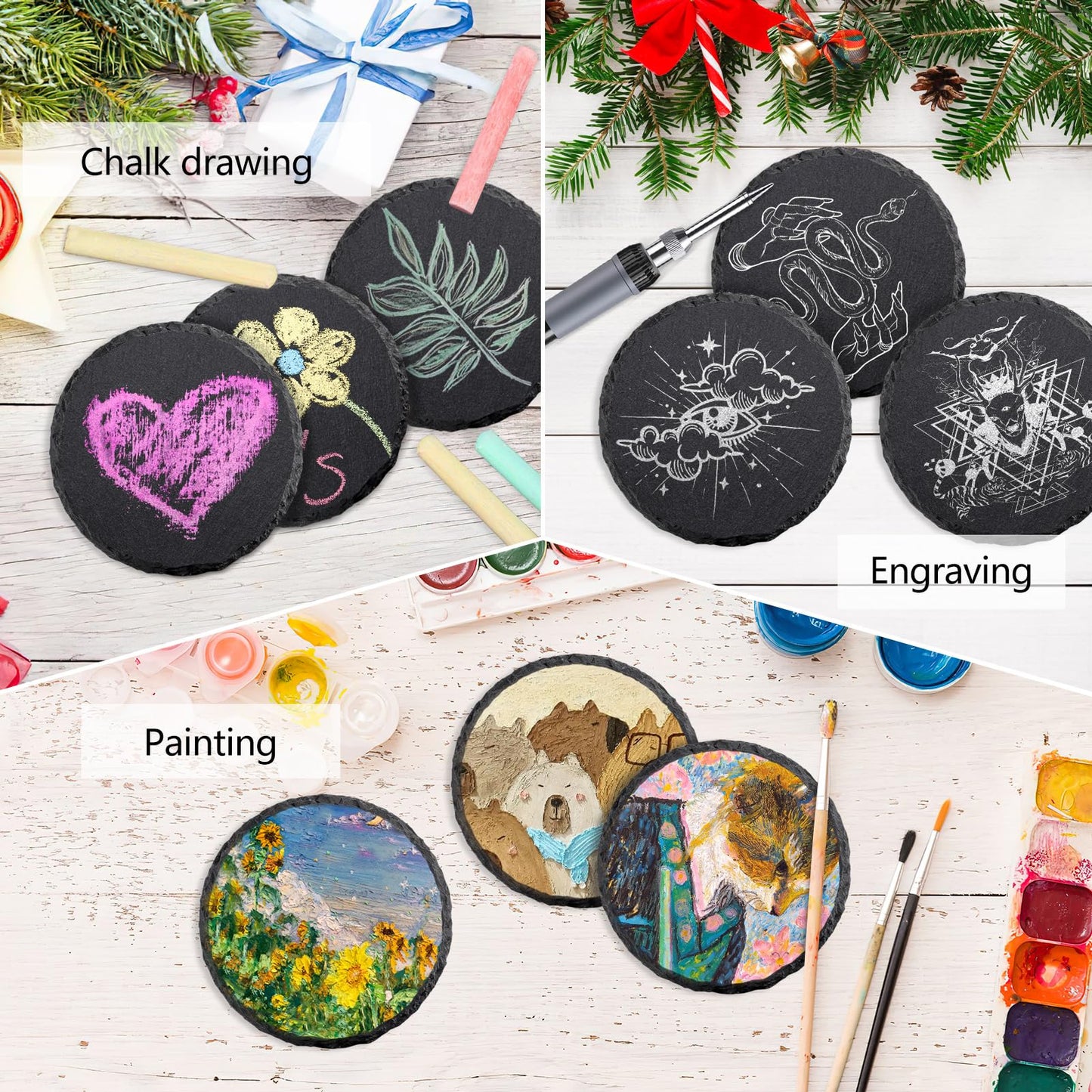 68 PCS Round Slate Drink Coasters Set, SIJDIEE 4 Inch Laser Engraving Black Slate Stone Coasters with Anti-Scratch Bottom and Coaster Holder for Office Bar Kitchen Home Dinner Table Decor Supplies