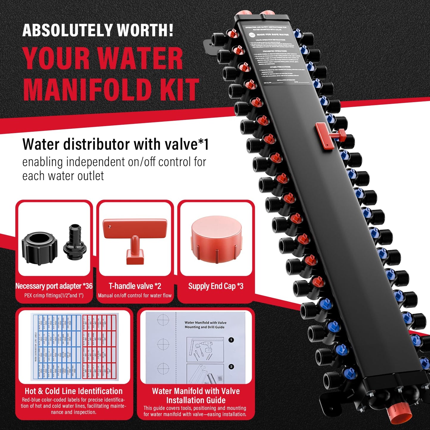50363 36-Port PEX Manifold | Compatible with viegamanabloc | 22 Cold 14 Hot Full-House Water Distribution |3/4" Inlet 1/2" Zero Lead Alloy PEX Crimp | Leak-ProofValves & Chlorine Resistant