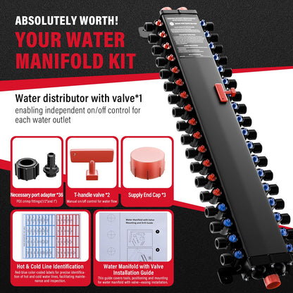 50363 36-Port PEX Manifold | Compatible with viegamanabloc | 22 Cold 14 Hot Full-House Water Distribution |3/4" Inlet 1/2" Zero Lead Alloy PEX Crimp | Leak-ProofValves & Chlorine Resistant