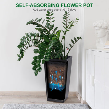 GarveeLife 22.5 in Tall Planters Set of 2, Outdoor＆Indoor Black Planter Pots, High Front Porch Planter Pots with Drainage Holes＆Water Level Monitor＆Inner Bucket, Automatic Watering, Black