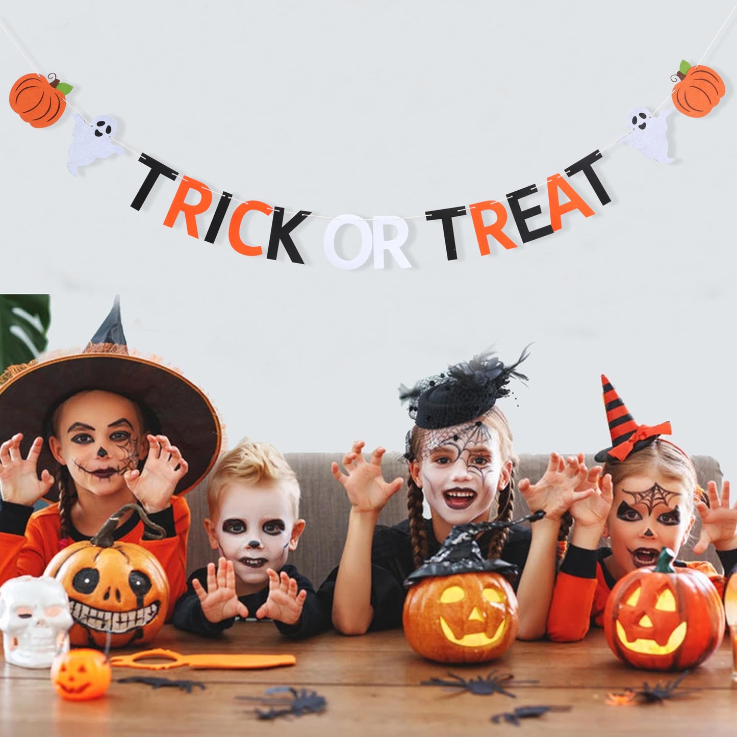 Halloween Trick or Treat Banner- Ghost &Pumpkin Banner for Party Supplies,Hallows Eve Happy Halloween Party Decor Supplies