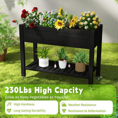 PatioZen Raised Garden Bed with Legs, 33.66" Tall Self-Watering Resin Planter Box with Lockable Wheels Drainage Plug and Gauge for Vegetables, Flowers, Storage Shelf for Tools and Accessories (Black)