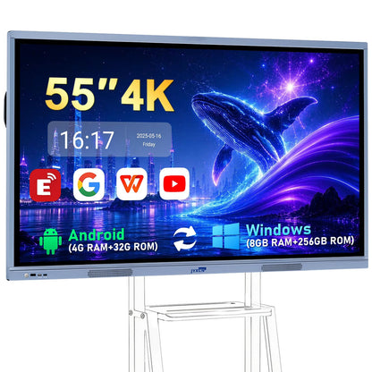 55" Smart Board, 8 + 256 GB Digital Interactive Whiteboard Display Built-in Windows10 & Android 11 Dual System with 4K Touchscreen, Electronic Smartboard for Classroom Office Home (Board Only)