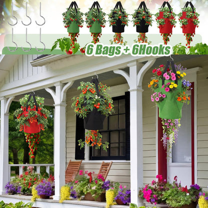 SATINIOR 6 Pack Upside Down Tomato Herb Planter 3 Gallon Hanging Grow Bags Outdoor Strawberry Planters with 6 Planting Holes and 1 Bottom Zipper Grow Bags with Hooks for House Vegetable Gardening