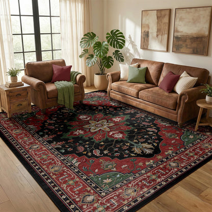 RELEANY Area Rugs 5'x7' Washable Non-Slip, Floral Vintage Distress Medallion Carpet for Living Room Bedroom Dining Room, Red Black