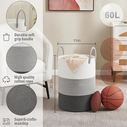 Artfeel Laundry Basket,Woven Cotton Rope Laundry Hamper,60L for Decorative Storage of Dirty Clothes,Toys and Blankets in Bathroom,Bedroom and Living Room