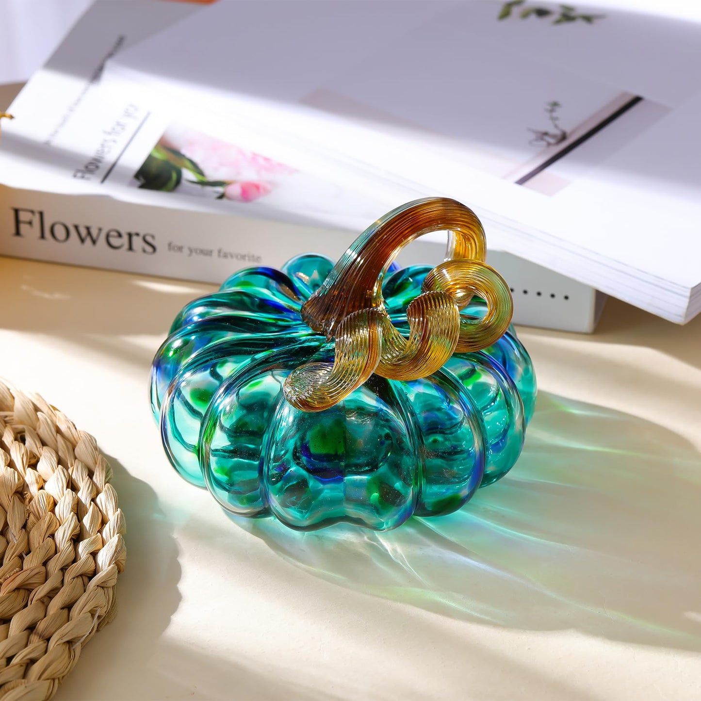 Arikyrist 5.1 x 4.1 Inch Hand-Blown Glass Pumpkin Dark Green Art Glass Pumpkin Figurine Paperweight Tabletop Decor for Fall Thanksgiving Halloween and Harvest