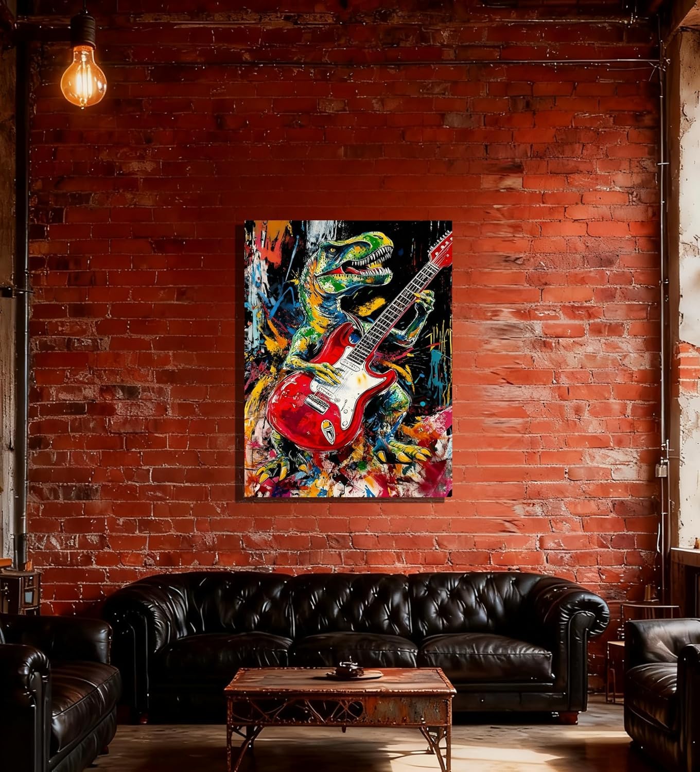 16x24 Graffiti Guitar T-Rex Wall Art Modern Rock Picture Framed Canvas Gallery Pop Prints Cartoon Home Office Decor DJ Dinosaur Urban Posters Funny Bedroom Living Room Kids Nursey Teen Boys Men