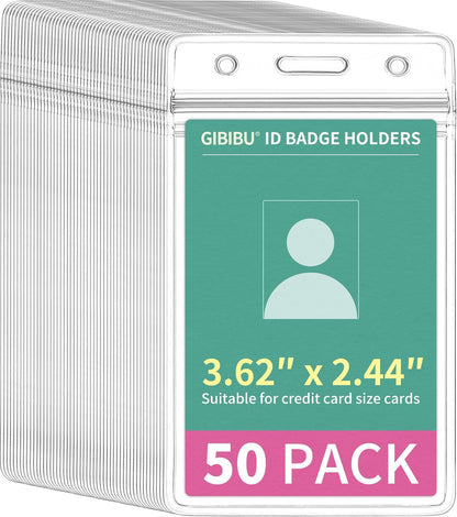 50 Pcs Vertical ID Badge Holder, Clear Plastic Card Sleeve, Nurses Work Name Tag Holders, Key Cover Protector with Waterproof Zip for Lanyard, Fits Credit Size Cards