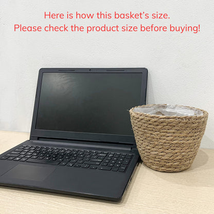Small Basket Planter 7.1" x 5.9" Seagrass Containers, Hand Woven Wicker Cover Storage, Stylish Plastic Liners Straw Flower Jute Pots for Outdoor Indoor Use Mums Front Porch Room Decoration