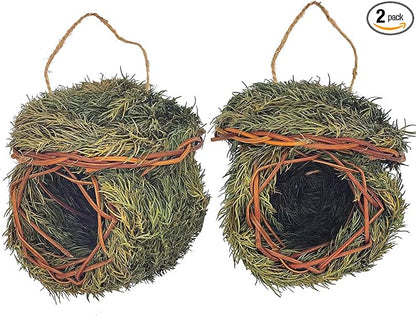 2 Pack Green Grass Birdhouse for Outside Garden Decoration Hanging Bird Hut Bird Nest Cozy Resting Place for Wild Birds (About 3.5-4.5inch)