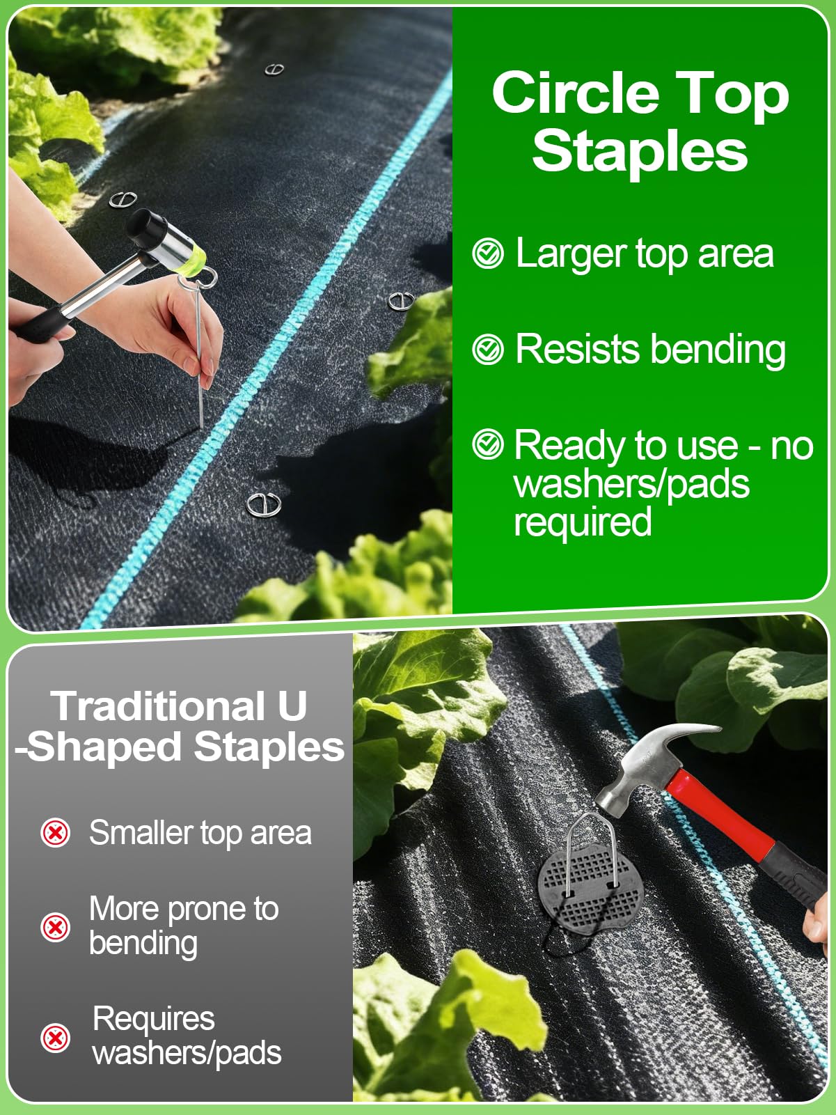 6 Inch Landscape Staples with Hook & Hammer - 120pcs Circle Top Weed Barrier Stakes Kit, 9 Gauge Galvanized Rust-Resistant Garden Fabric Pins, for SOD, Garden Edging, Install & Remove Tools Included