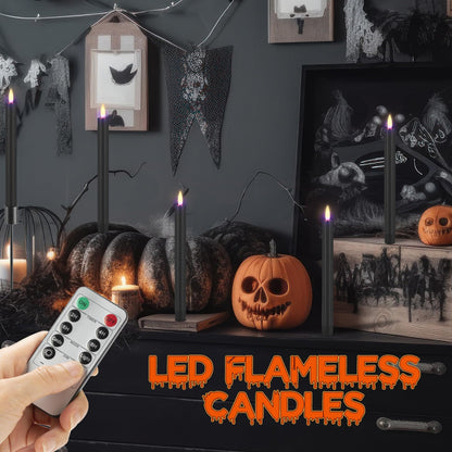 AFINETH Black Flameless Taper Candles with Remote, 9.6" Halloween Battery Operated Candles 3D Wick, 3 Pack Real Wax Led Candlesticks Flickering Electric Candle for Halloween, Home, Party Decor