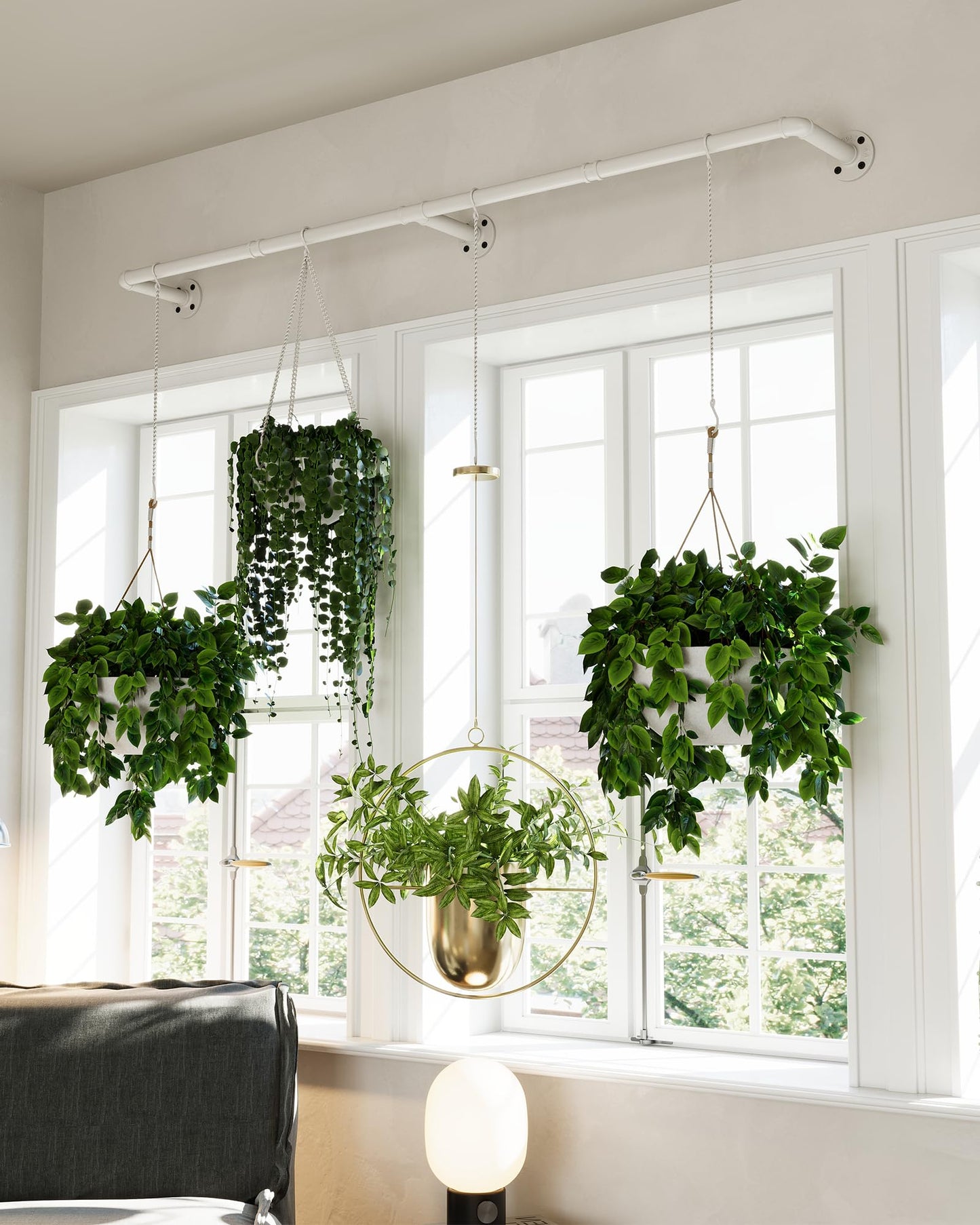 SOFITORG Plant Haning Rod, Hanging Planters for Indoor Plants with 6 Chains, Wall Plant Hanging Bar for Window Celling, 65.7 Inch, Metal White, Pots Not Included
