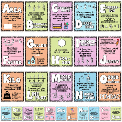 Eaasty 26 Pcs Composition Notebook Math Posters for Elementary School Retro Groovy Classroom Decor Math Alphabet Bulletin Board Classroom Decor for Elementary Teacher Must Haves (Pastel Composition)