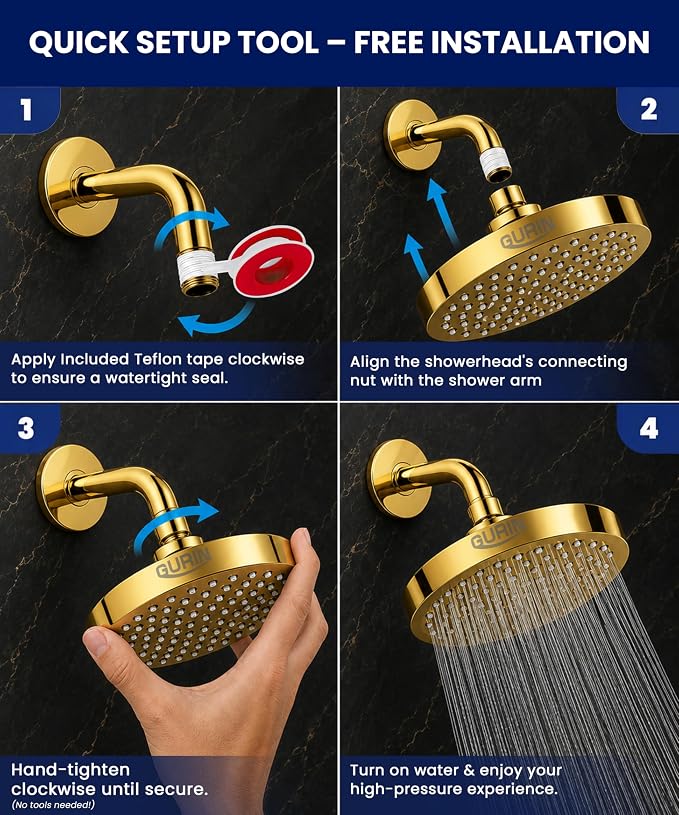 GURIN Shower Head - Powerful High Pressure Rain Shower Head 6 Inch - Luxury Rainfall Showerhead with Adjustable Angles, 90 Anti-Clog Nozzles, Tool-Free 1-Min Install, Premium Gold Plated Finish