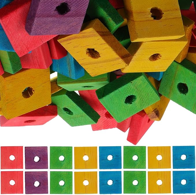 BESPORTBLE Bird Toy Parts, Pack of 100 Wood Blocks for Birds Multicolored Natural Wooden Blocks Bird Chewing Toy Mini Wood Chip Charms for DIY Playing Chewing Bird Toys