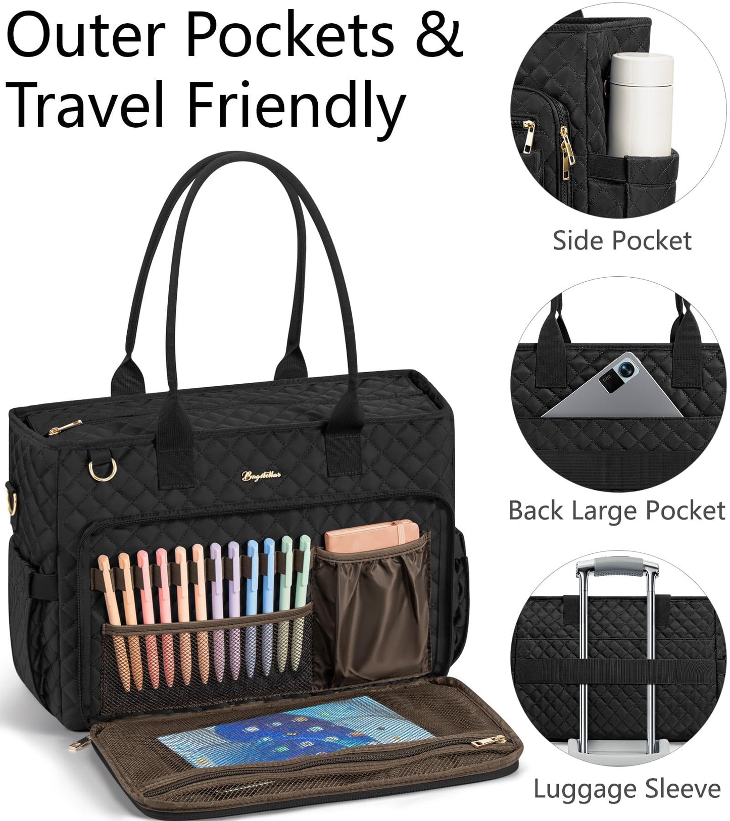 Teacher Tote Bags for Women, 15.6 inch Laptop Work Tote Nurse Bible Bag With Large Cup Holder & Insulated Pocket Quilted Shoulder Handbag Laptop Briefcase for Work, Daily, School, Travel, Gifts