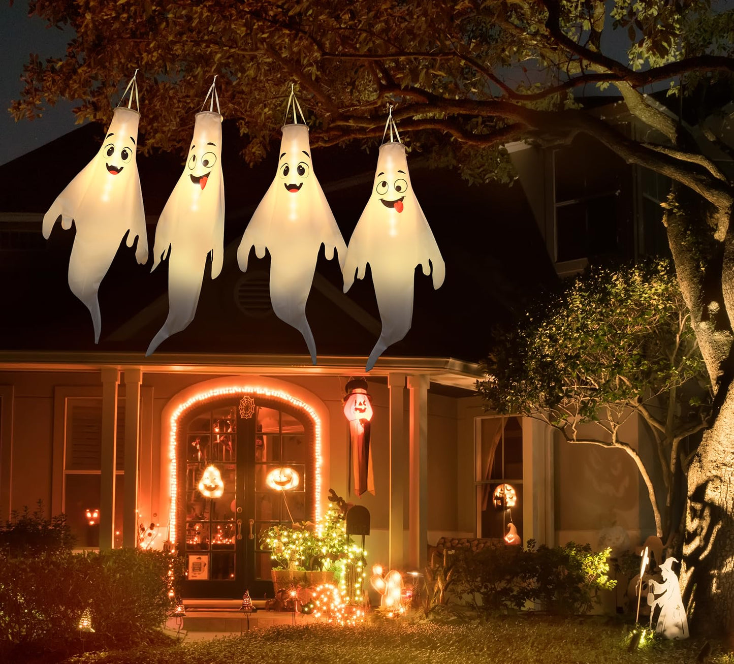 Halloween Ghost Decorations Outdoor: with Timer, 2 Pcs Cute Hanging Ghost for Tree Porch Garden Yard, Waterproof LED Ghost Halloween Decor